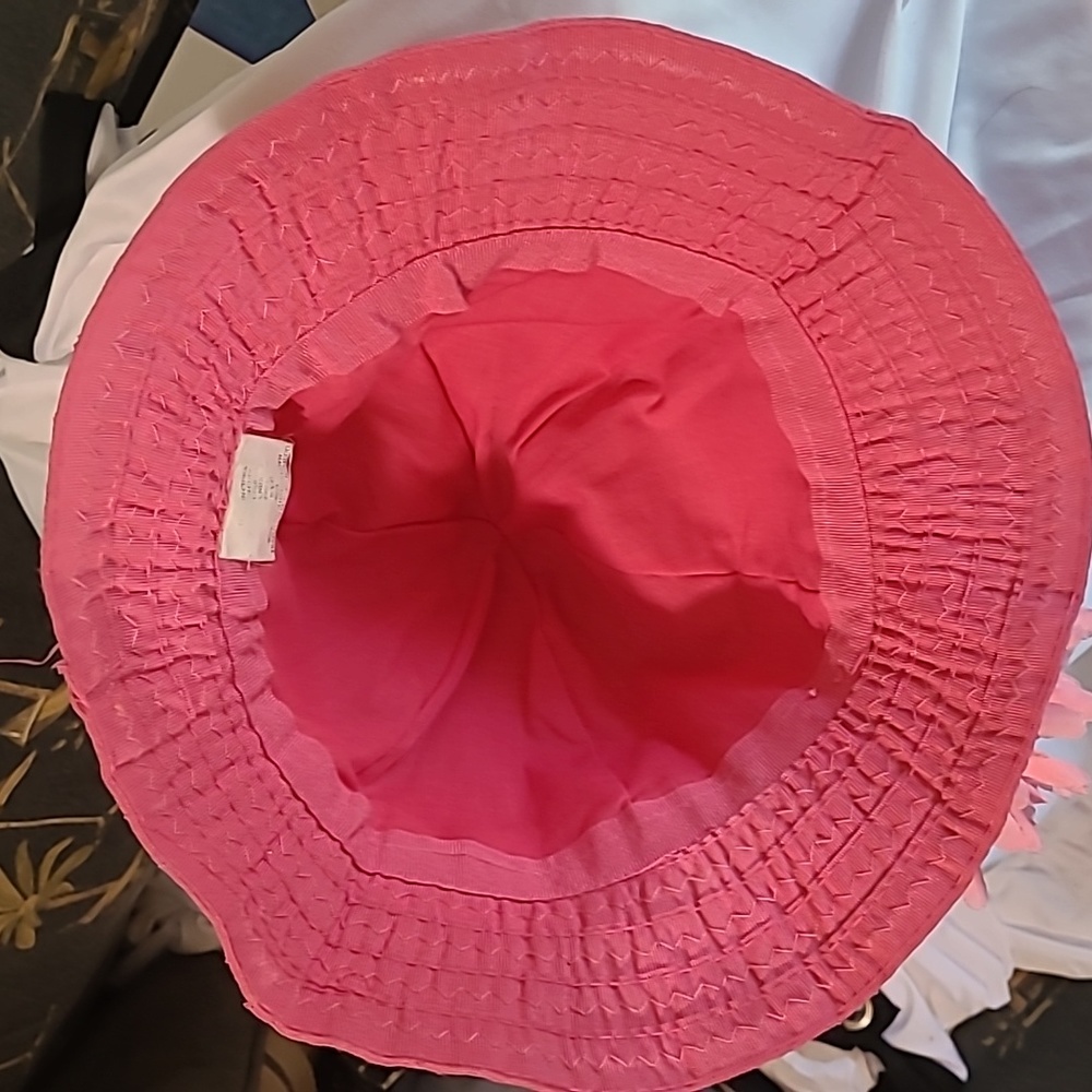 Girls toddler pink yellow striped aqua sun beach hat with fluffy floral accent - Picture 2 of 4